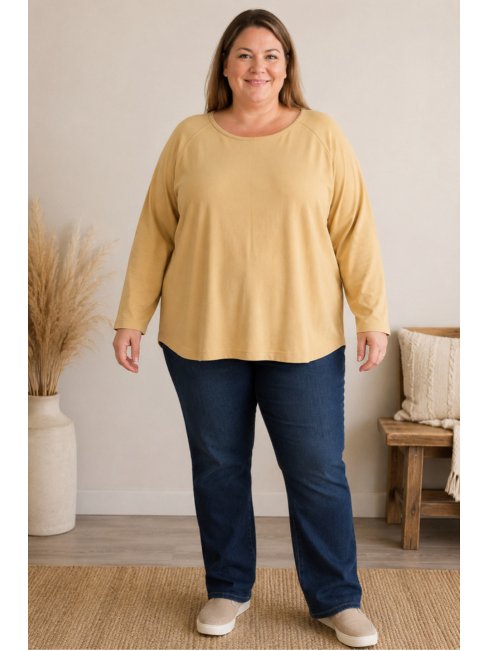 Bogari Woman Mustard Yellow Long-Sleeve Top Plus Size 3X Made in USA